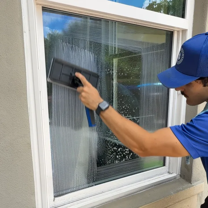 Aquapals pro scrubbing soapy window glass with a scrubber pad